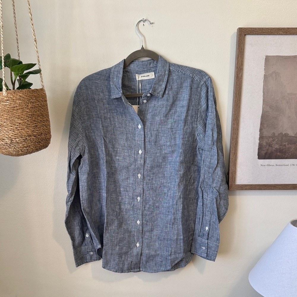 NWT Everlane The Must Have-Shirt in Linen, Chambray/White Stripe, Sz 6